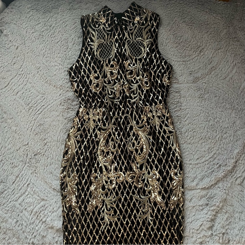 Lulu's Black and Gold Marquee Dreams Sequin Bodycon Midi Dress